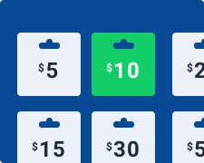 Interfaz que muestra varios importes de bonos digitales, con una tarjeta 10$ resaltada.