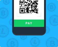 Ilustración de un teléfono inteligente que muestra un código qr con un botón de pago verde marcado "pagar", sobre un fondo azul con iconos de criptomoneda.