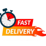Ilustración de un cronómetro con las palabras "fast delivery" (entrega rápida) y llamas que simbolizan una entrega rápida.