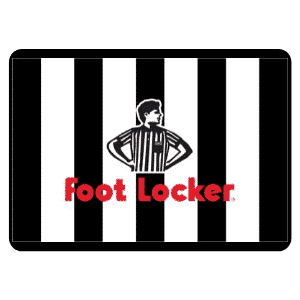 Cartão de oferta Foot Locker preto e branco com logótipo vermelho, ideal para comprar sapatilhas e vestuário desportivo com Bitcoin.