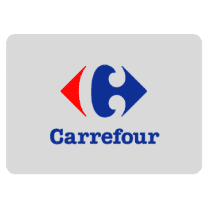 Cartão de oferta Carrefour com o logótipo azul e vermelho sobre um fundo cinzento, utilizável na loja e em linha.
