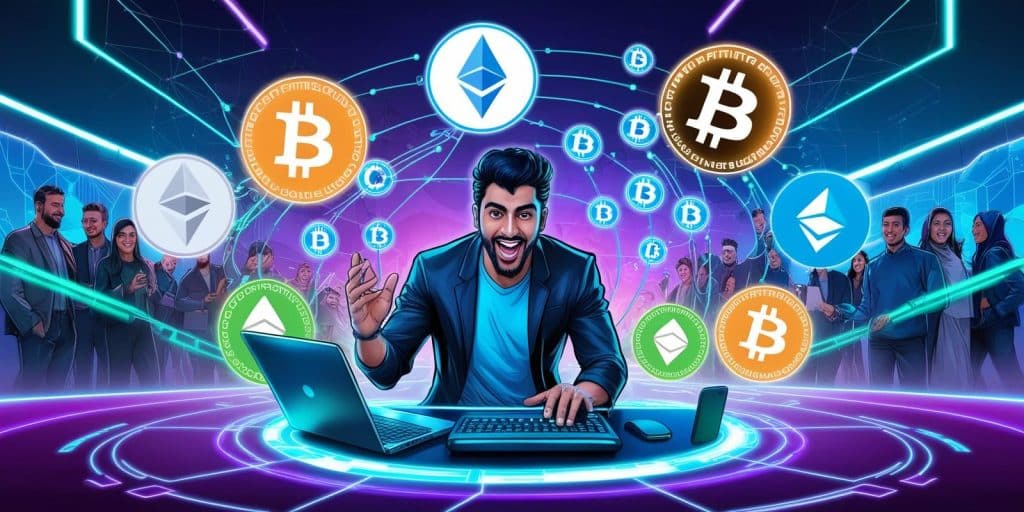 Illustration d’un programme d’affiliation crypto avec un entrepreneur au centre, entouré d’icônes bitcoin, ethereum et autres crypto-monnaies. Ambiance futuriste et digitale avec des effets lumineux bleus et violets.