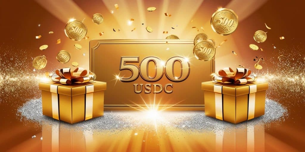 Illustration of a crypto contest with open golden chests and glittering coins. Lighting effect and festive atmosphere for a usdc reward.